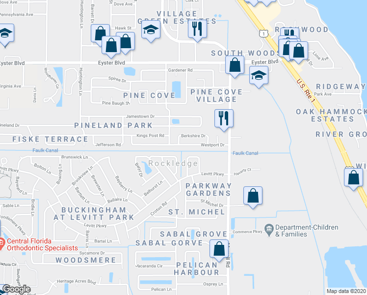 map of restaurants, bars, coffee shops, grocery stores, and more near 849 Westport Drive in Rockledge