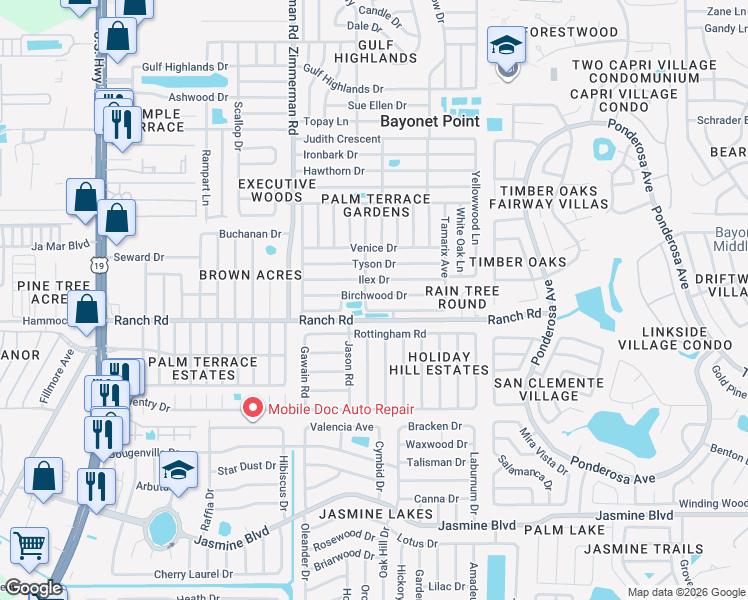 map of restaurants, bars, coffee shops, grocery stores, and more near 7704 Birchwood Drive in Port Richey