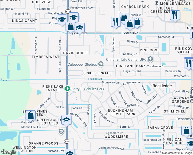 map of restaurants, bars, coffee shops, grocery stores, and more near 936 Brunswick Lane in Rockledge