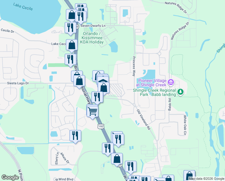 map of restaurants, bars, coffee shops, grocery stores, and more near 2425 Old Vineland Road in Kissimmee