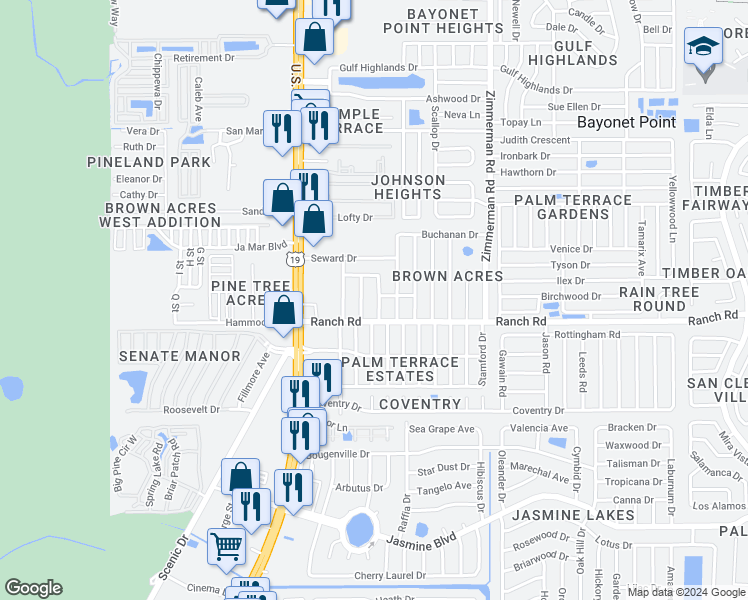map of restaurants, bars, coffee shops, grocery stores, and more near 11025 Pickering Lane in Port Richey