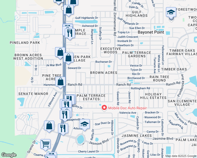 map of restaurants, bars, coffee shops, grocery stores, and more near 11025 Harding Drive in Port Richey