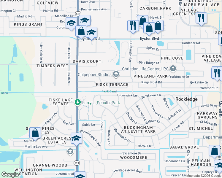 map of restaurants, bars, coffee shops, grocery stores, and more near 936 Brunswick Lane in Rockledge