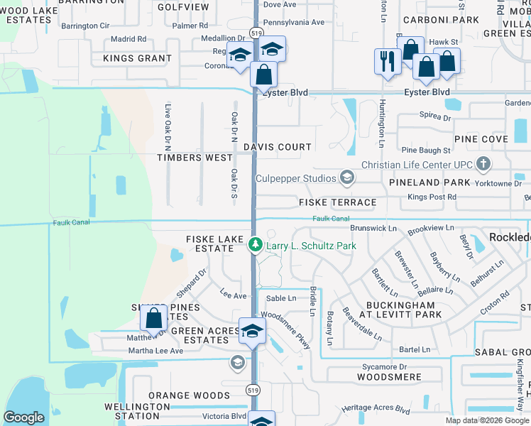 map of restaurants, bars, coffee shops, grocery stores, and more near 7 Buckingham Court in Rockledge
