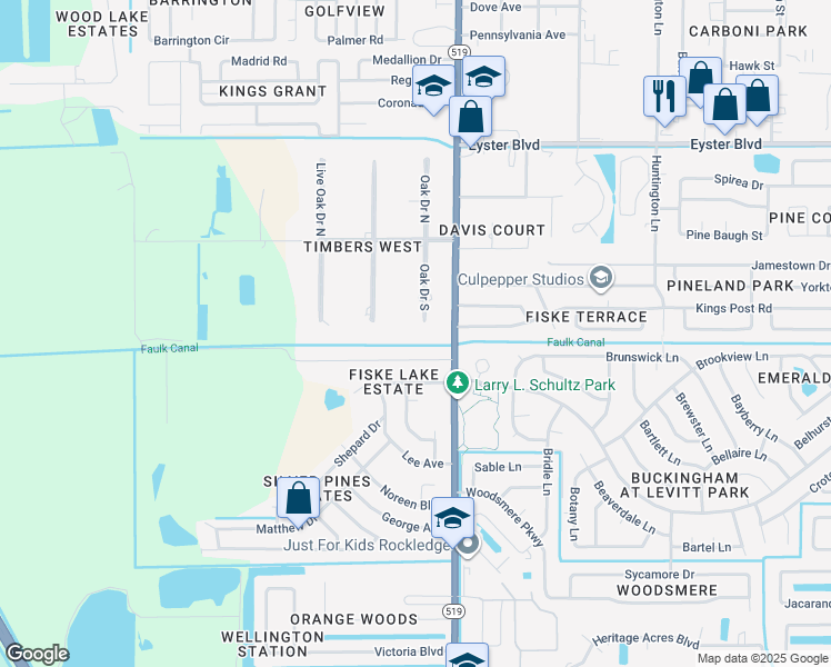 map of restaurants, bars, coffee shops, grocery stores, and more near 1020 Green Road in Rockledge