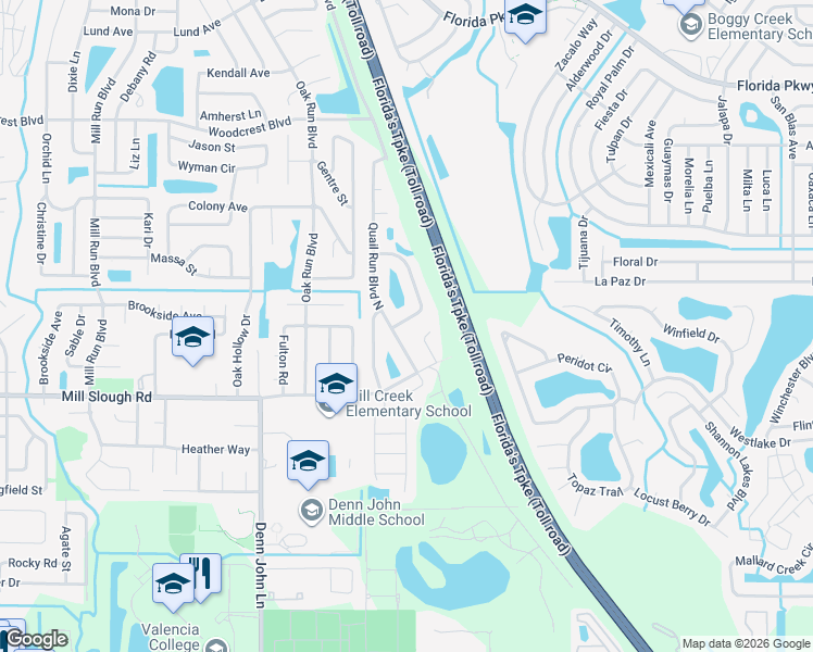 map of restaurants, bars, coffee shops, grocery stores, and more near 2447 Quail Run Boulevard North in Kissimmee