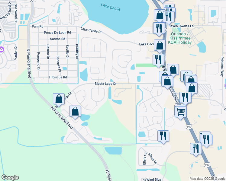 map of restaurants, bars, coffee shops, grocery stores, and more near 2474 Sweetwater Club Circle in Kissimmee