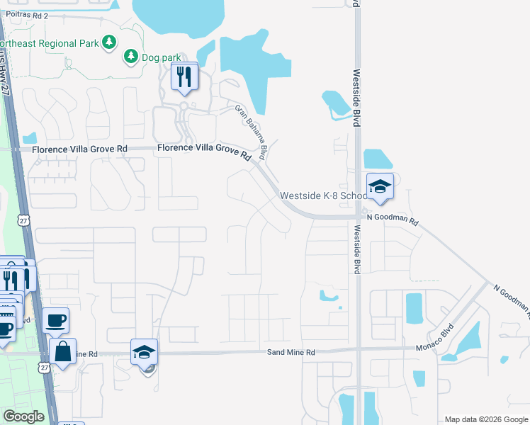 map of restaurants, bars, coffee shops, grocery stores, and more near 2406 Biscotto Circle in Davenport