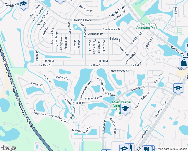 map of restaurants, bars, coffee shops, grocery stores, and more near 2465 Winchester Boulevard in Kissimmee