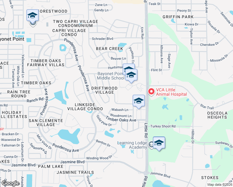 map of restaurants, bars, coffee shops, grocery stores, and more near 11104 Peppertree Lane in Port Richey
