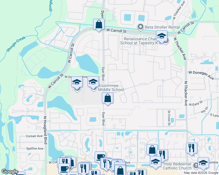map of restaurants, bars, coffee shops, grocery stores, and more near 3045 Cardillino Way in Kissimmee