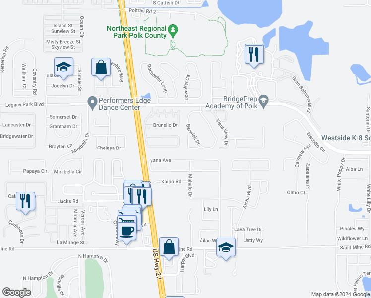 map of restaurants, bars, coffee shops, grocery stores, and more near 185 Margate Drive in Davenport