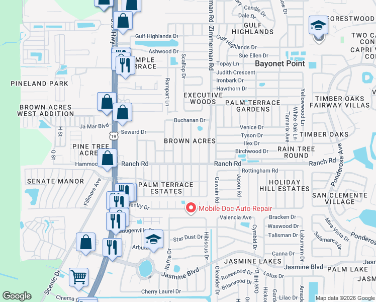 map of restaurants, bars, coffee shops, grocery stores, and more near 11107 Harding Drive in Port Richey