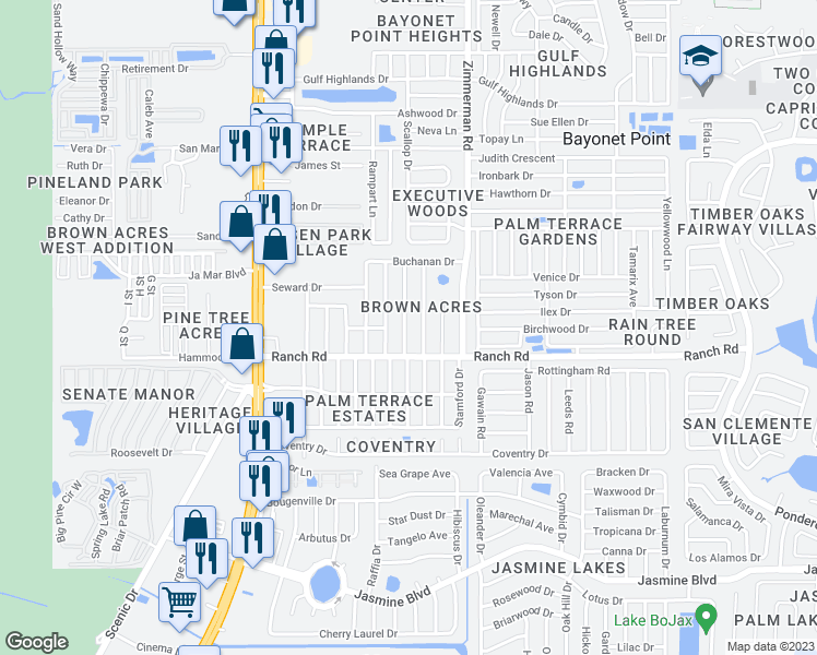 map of restaurants, bars, coffee shops, grocery stores, and more near 11030 Harding Drive in Port Richey