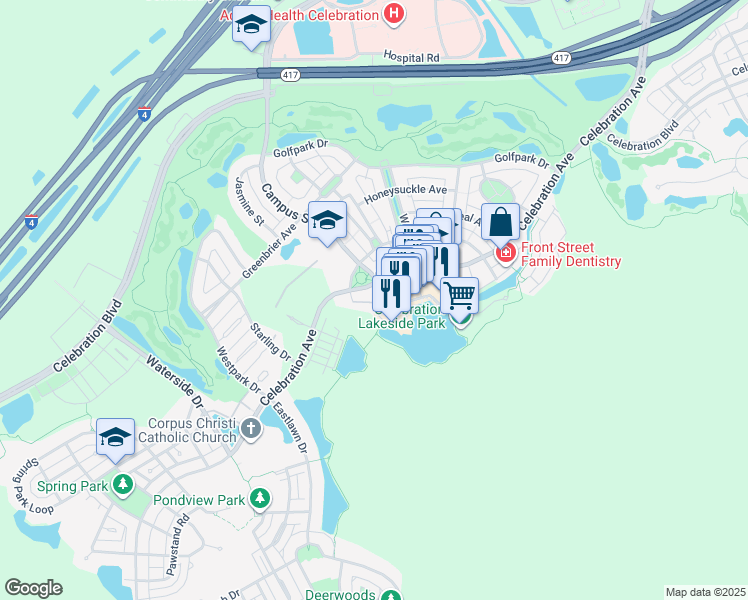 map of restaurants, bars, coffee shops, grocery stores, and more near 764 Celebration Avenue in Celebration