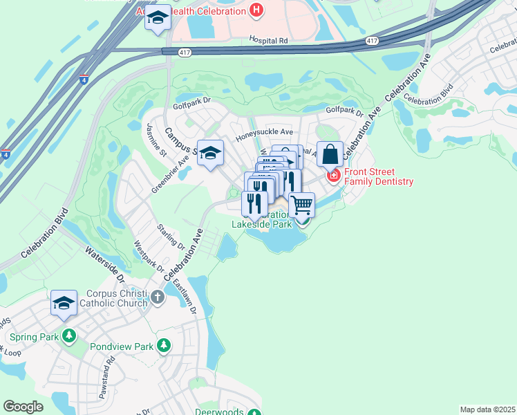map of restaurants, bars, coffee shops, grocery stores, and more near 741 Front Street in Celebration