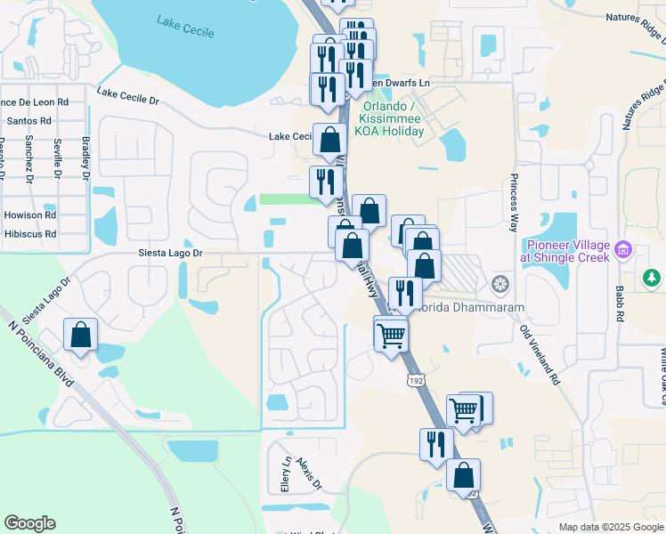 map of restaurants, bars, coffee shops, grocery stores, and more near 4694 U.S. 192 in Kissimmee