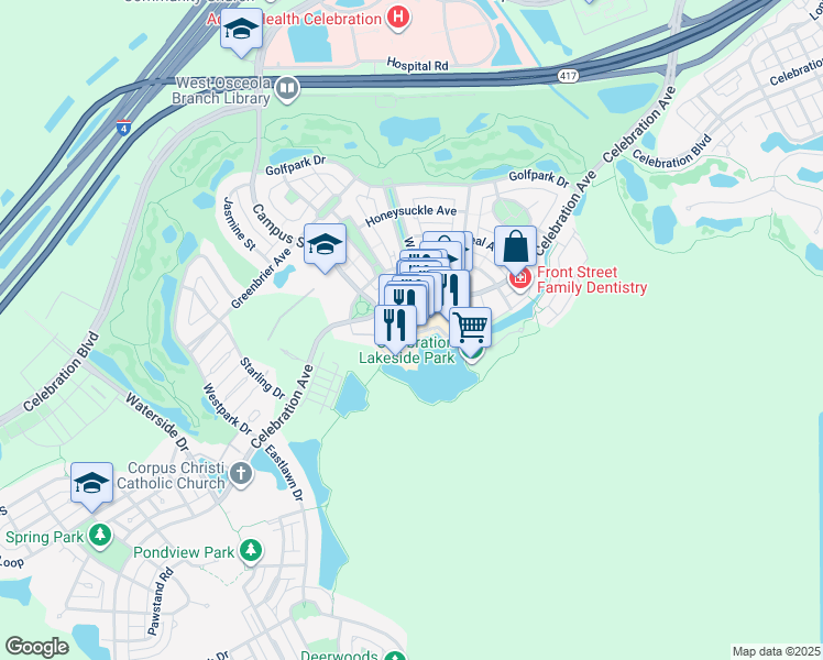 map of restaurants, bars, coffee shops, grocery stores, and more near in Celebration