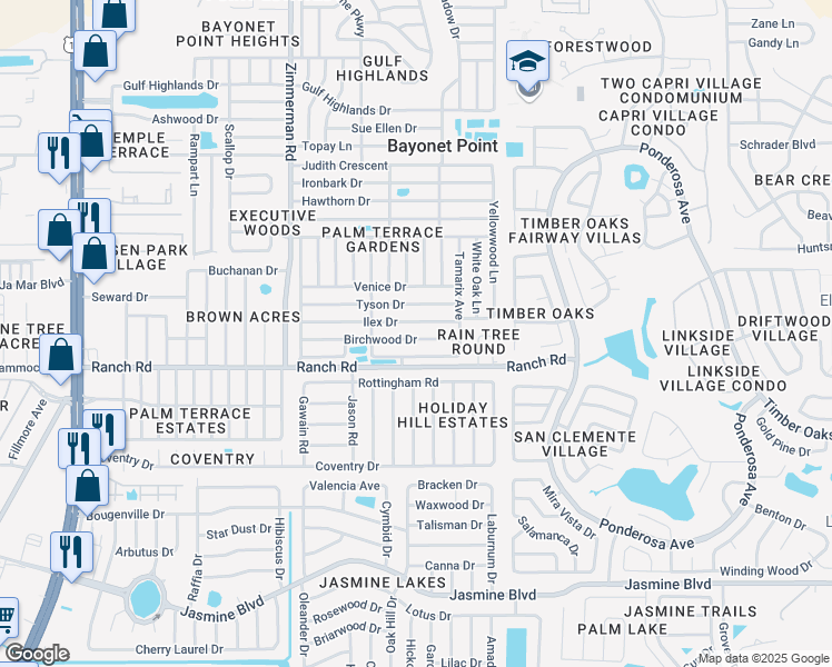 map of restaurants, bars, coffee shops, grocery stores, and more near 7741 Birchwood Drive in Port Richey
