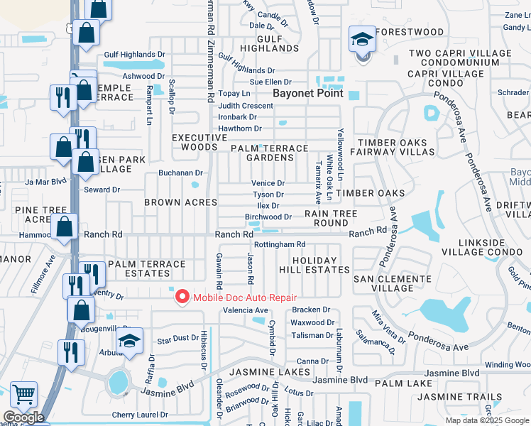 map of restaurants, bars, coffee shops, grocery stores, and more near 7701 Birchwood Drive in Port Richey