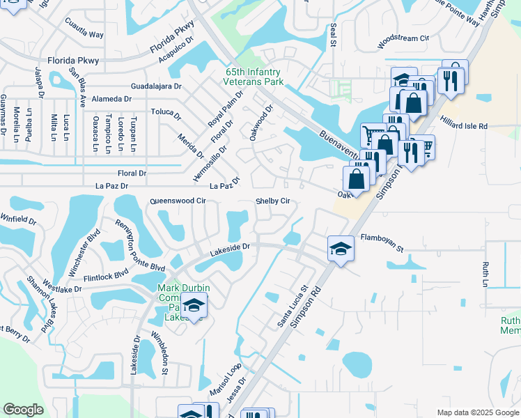 map of restaurants, bars, coffee shops, grocery stores, and more near 2427 Shelby Circle in Kissimmee