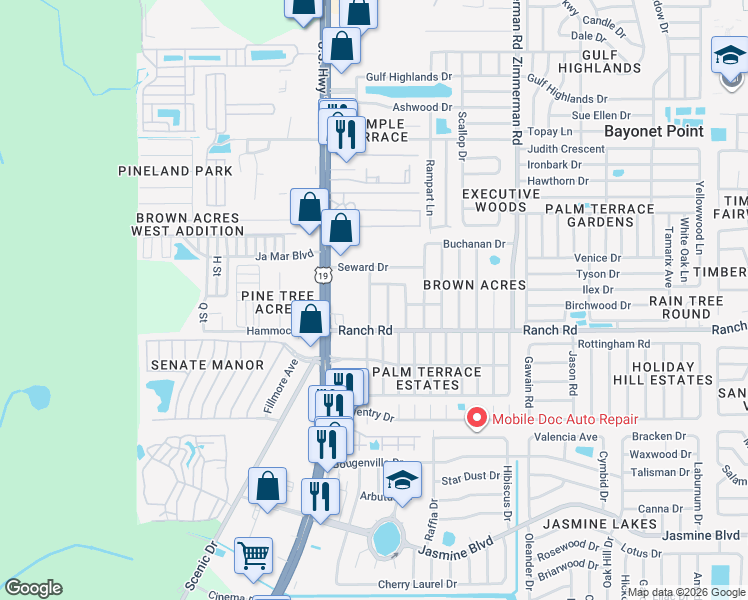 map of restaurants, bars, coffee shops, grocery stores, and more near 7126 Abigail Drive in Port Richey