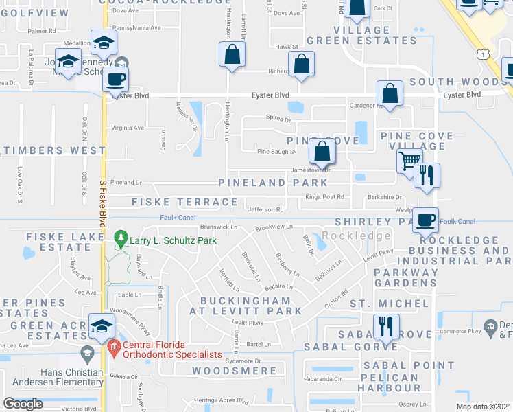 map of restaurants, bars, coffee shops, grocery stores, and more near 910 Jefferson Road in Rockledge