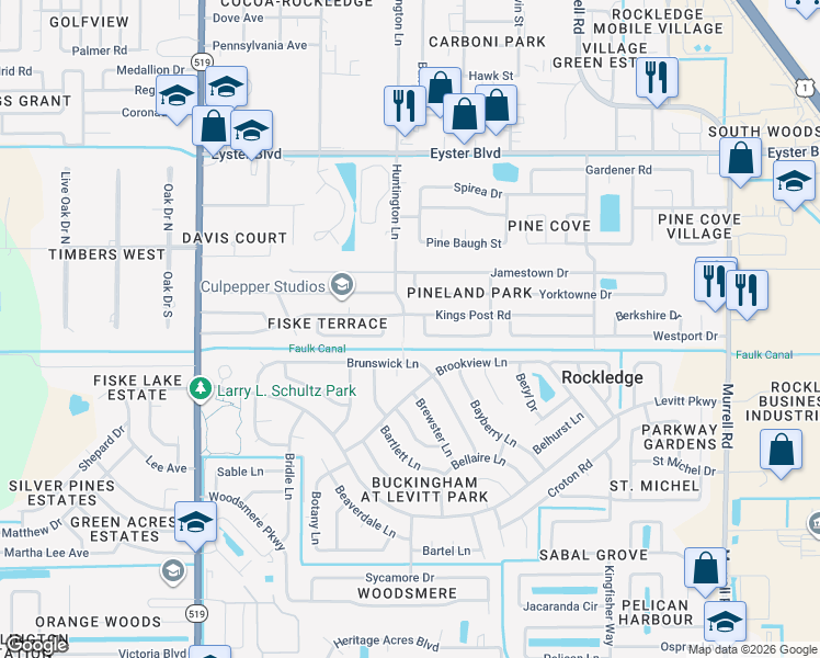 map of restaurants, bars, coffee shops, grocery stores, and more near 922 Bedford Road East in Rockledge