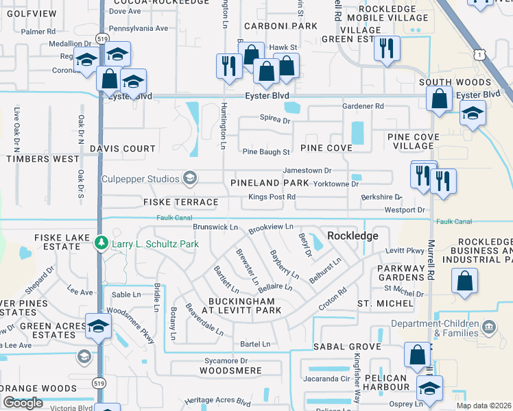map of restaurants, bars, coffee shops, grocery stores, and more near 907 Kings Post Road in Rockledge
