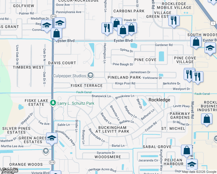 map of restaurants, bars, coffee shops, grocery stores, and more near 922 Bedford Road East in Rockledge