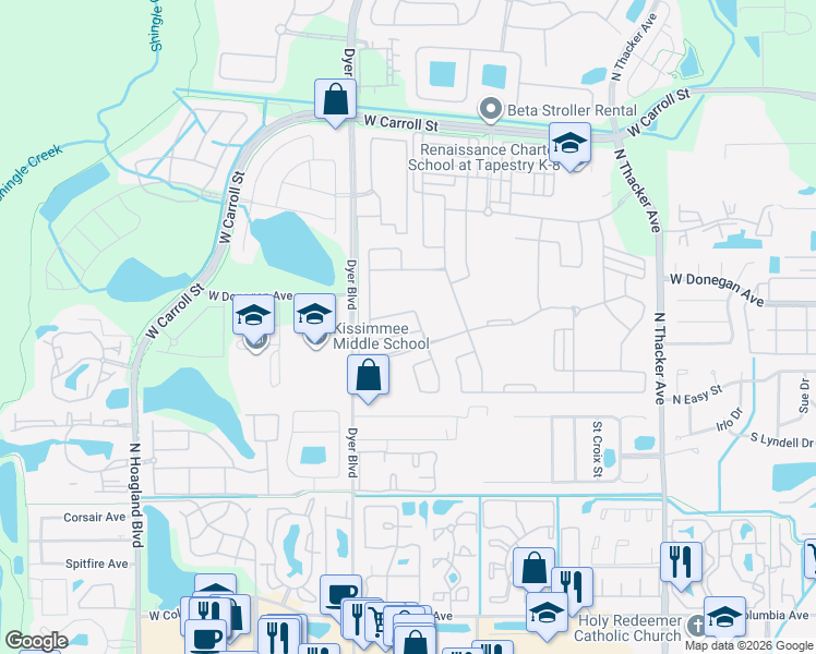 map of restaurants, bars, coffee shops, grocery stores, and more near 3045 Cardillino Way in Kissimmee