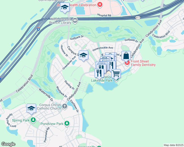 map of restaurants, bars, coffee shops, grocery stores, and more near 764 Celebration Avenue in Celebration