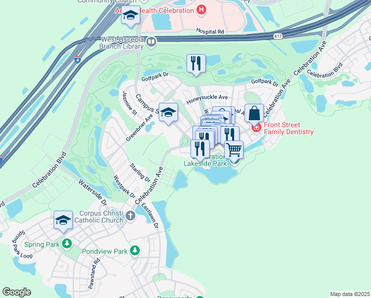 map of restaurants, bars, coffee shops, grocery stores, and more near 764 Celebration Avenue in Celebration