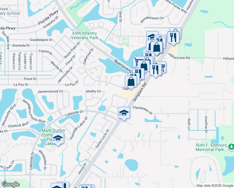 map of restaurants, bars, coffee shops, grocery stores, and more near 5 East Las Palmas Way in Kissimmee