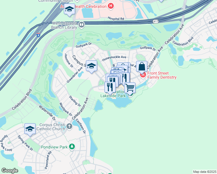 map of restaurants, bars, coffee shops, grocery stores, and more near 611 Campus Street in Kissimmee