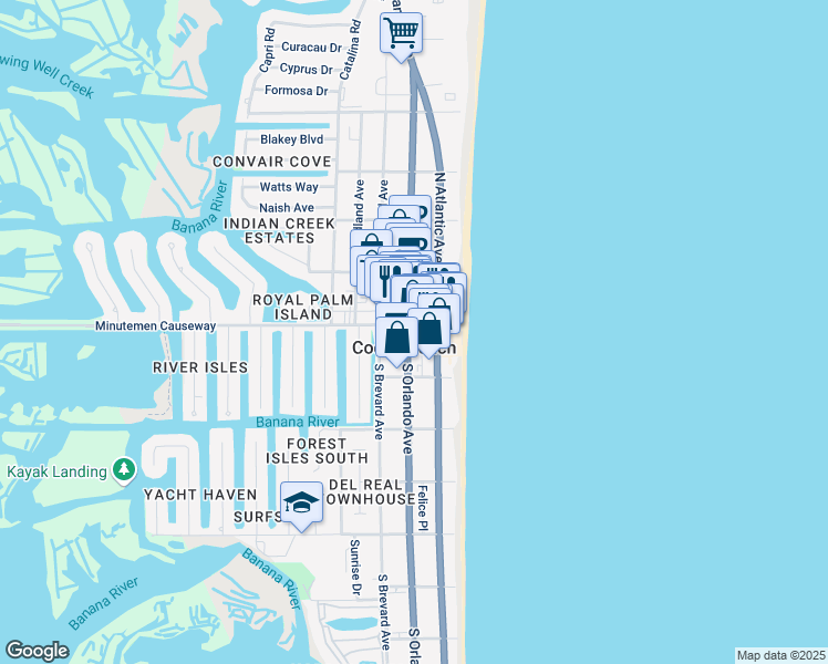 map of restaurants, bars, coffee shops, grocery stores, and more near 7 North Orlando Avenue in Cocoa Beach