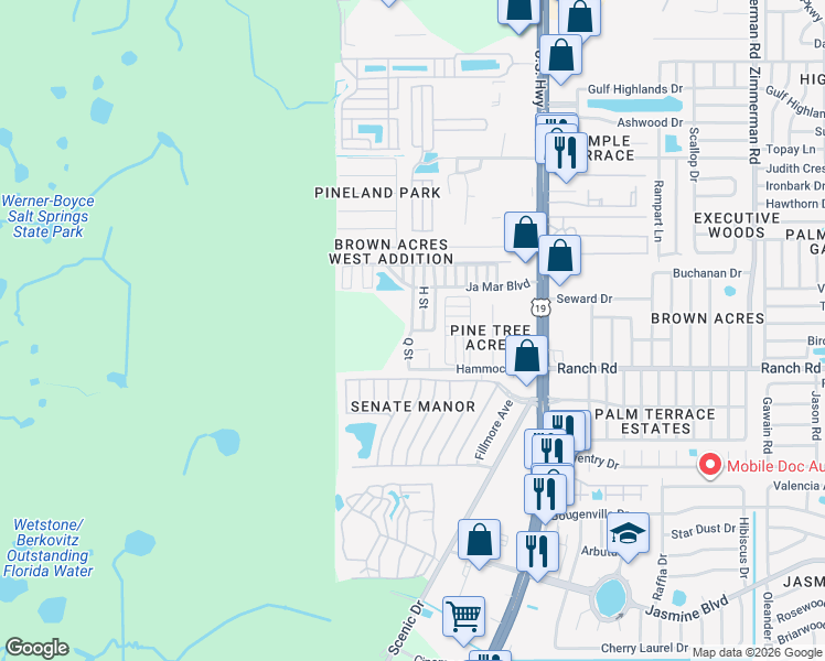 map of restaurants, bars, coffee shops, grocery stores, and more near 5935 I Street in Port Richey