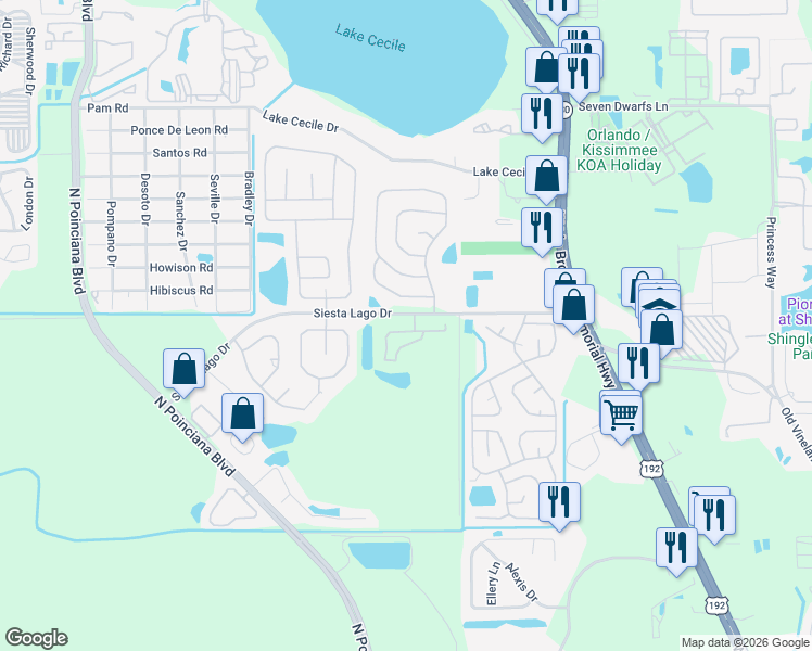 map of restaurants, bars, coffee shops, grocery stores, and more near 4824 Jamaica Lane in Kissimmee