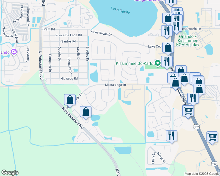 map of restaurants, bars, coffee shops, grocery stores, and more near 2580 Davenport Circle in Kissimmee