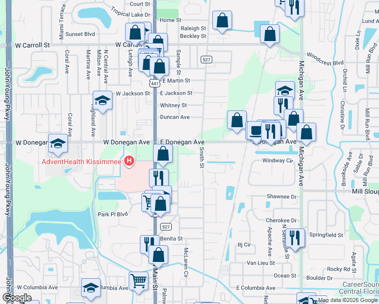 map of restaurants, bars, coffee shops, grocery stores, and more near 403 Greenup Street in Kissimmee