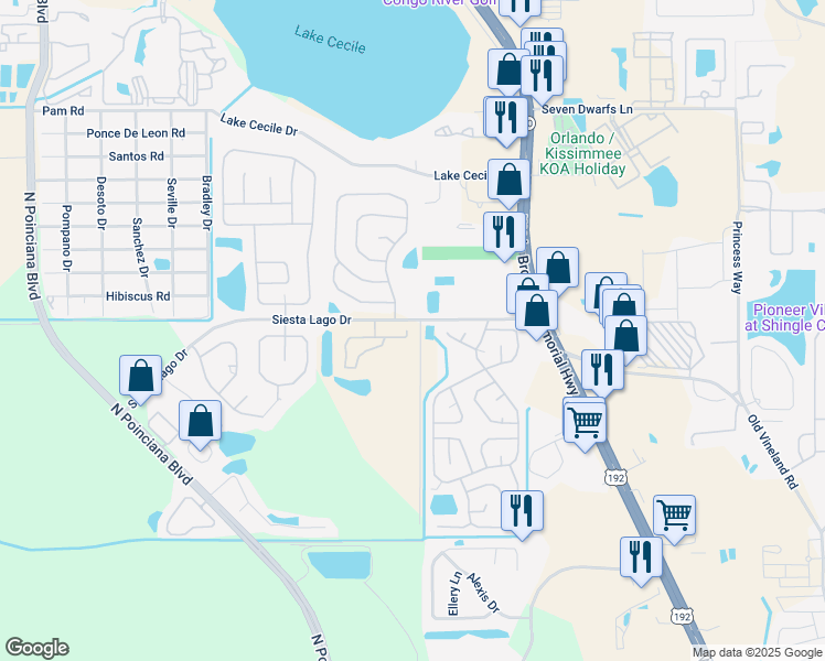 map of restaurants, bars, coffee shops, grocery stores, and more near 2442 Sweetwater Club Circle in Kissimmee