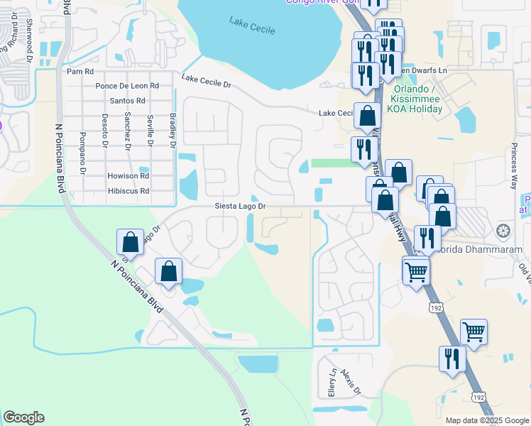 map of restaurants, bars, coffee shops, grocery stores, and more near 4824 Jamaica Lane in Kissimmee