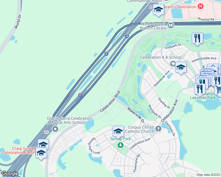 map of restaurants, bars, coffee shops, grocery stores, and more near 1180 Celebration Boulevard in Kissimmee