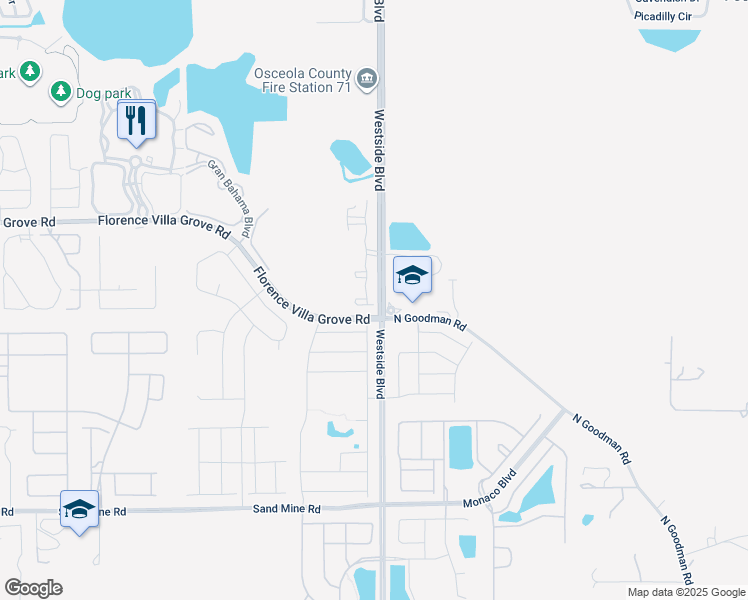 map of restaurants, bars, coffee shops, grocery stores, and more near 2551 Westside Boulevard in Kissimmee