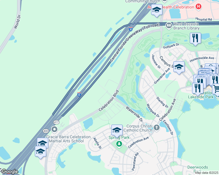 map of restaurants, bars, coffee shops, grocery stores, and more near 1180 Celebration Boulevard in Kissimmee