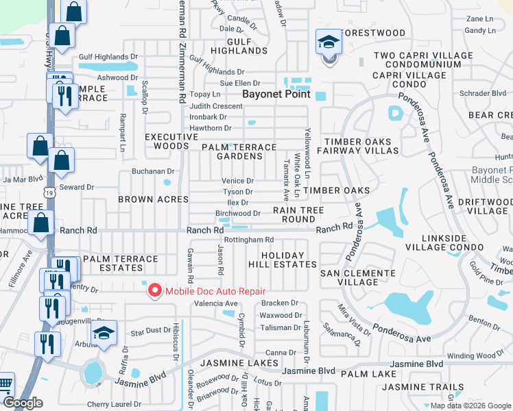 map of restaurants, bars, coffee shops, grocery stores, and more near 7734 Ilex Drive in Port Richey