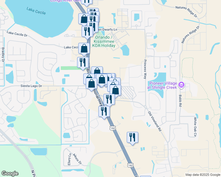map of restaurants, bars, coffee shops, grocery stores, and more near 2523 Old Vineland Road in Kissimmee