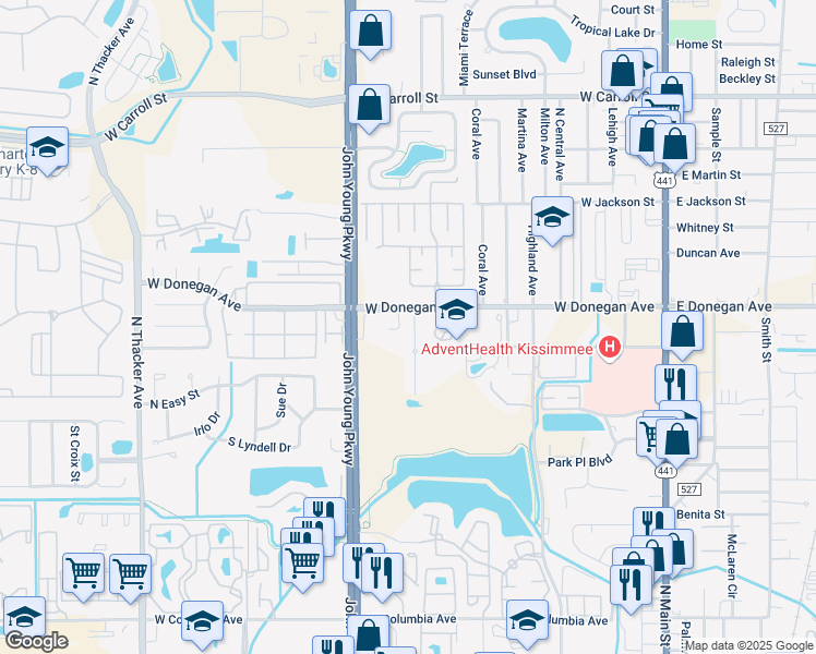 map of restaurants, bars, coffee shops, grocery stores, and more near 2468 Temple Grove Lane in Kissimmee