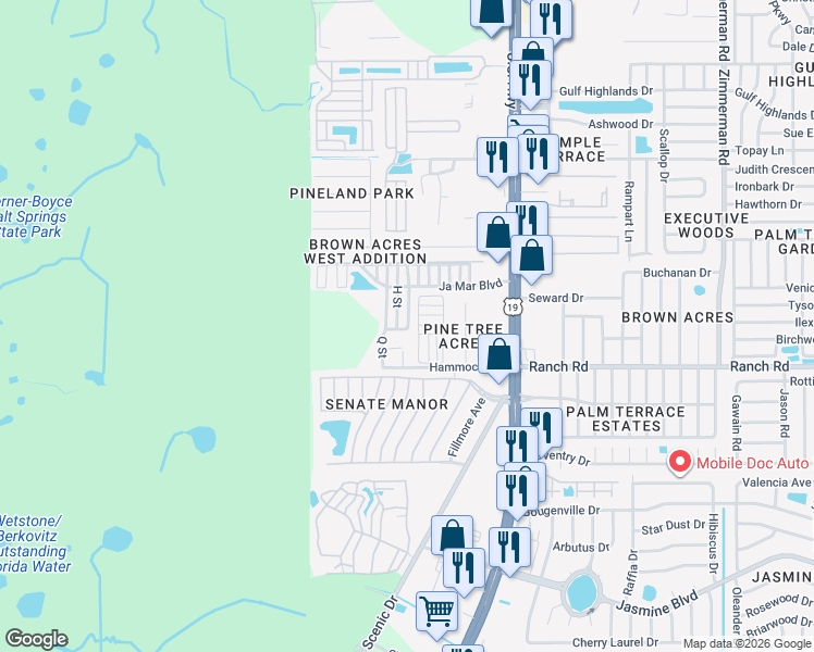 map of restaurants, bars, coffee shops, grocery stores, and more near 11115 H Street in Port Richey