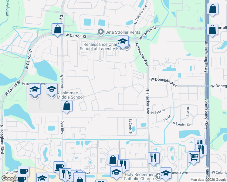 map of restaurants, bars, coffee shops, grocery stores, and more near 2800 Chantilly Avenue in Kissimmee